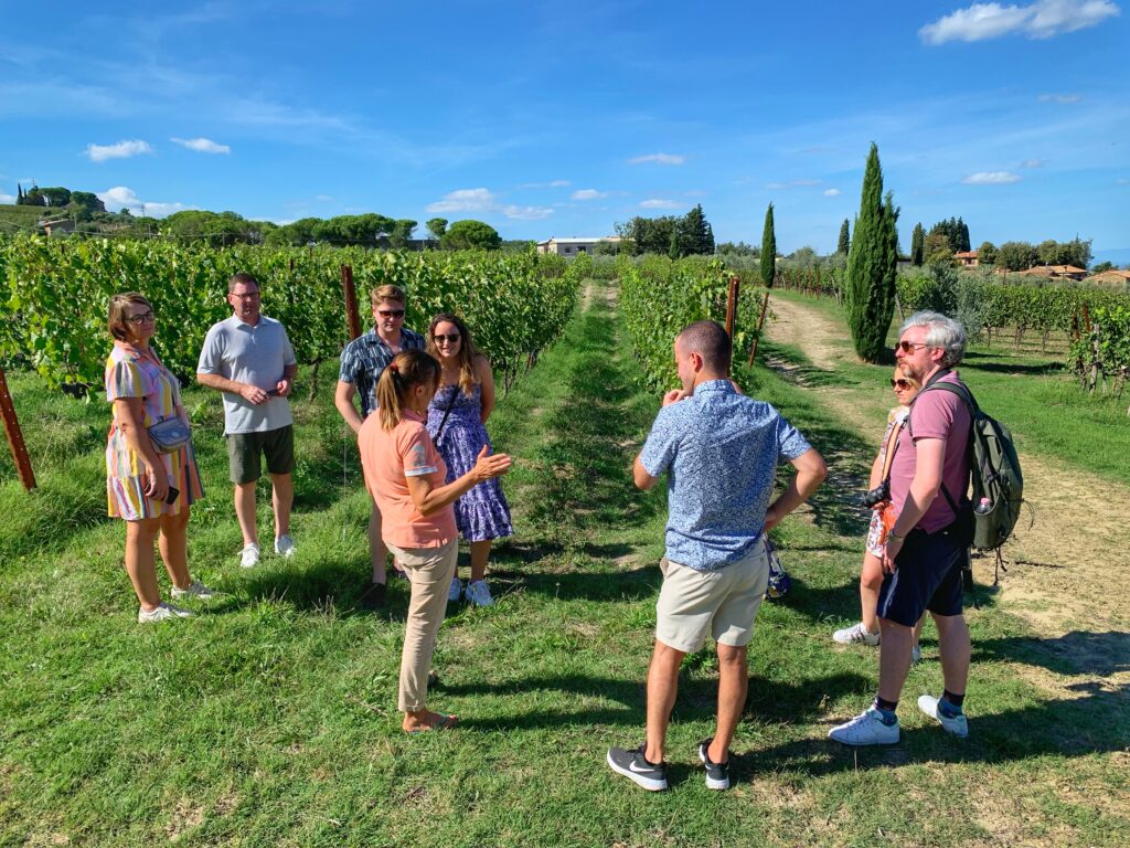 A group of friends on a wine tour in Tuscany, visiting a vineyard in Montalcino before enjoying a wine tasting. 