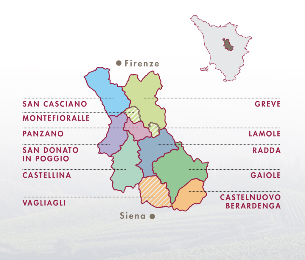 Map of Chianti Classico Additional Geographic Units (UGA) between Florence and Siena, highlighting areas such as Greve, Radda, Gaiole, Castellina, San Casciano, and Castelnuovo Berardenga.